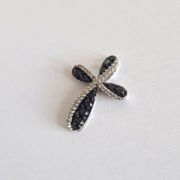 Vintage 10K Luxury White Gold Black White Clear Diamond Crystal Cross Pendant - Picture 4 of 12
